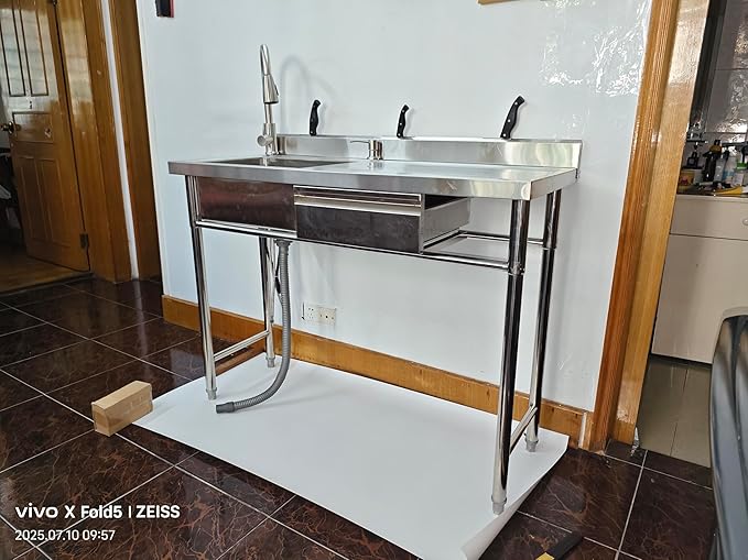 304 Stainless Steel Utility Sink with Faucet – Free Standing Single Bowl Kitchen Sink with Workbench & Drawer Storage, Hot/Cold Water Pipes for Laundry, Farmhouse & Outdoor Use 47”(SCTD-120R)
