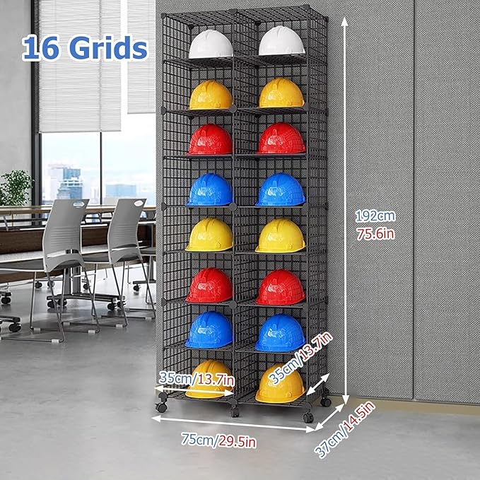 Stackable Safety Helmet Storage Boxes, Large Adjustable Hard Hat Placement Organizer Rack,with Wheels,for Construction Site/Garage/Workshop/Factory Helmet Display Shelf (Black, 16 Grids-2 * 8)