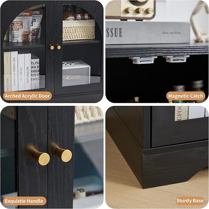 Mid-Century Modern Storage Cabinet with Door, 27" Short Floor Wood Sideboard Buffet Cabinet with Display Arched Acrylic Door & Adjustable Shelve for Bathroom, Living Room, Coofee Bar (Black)