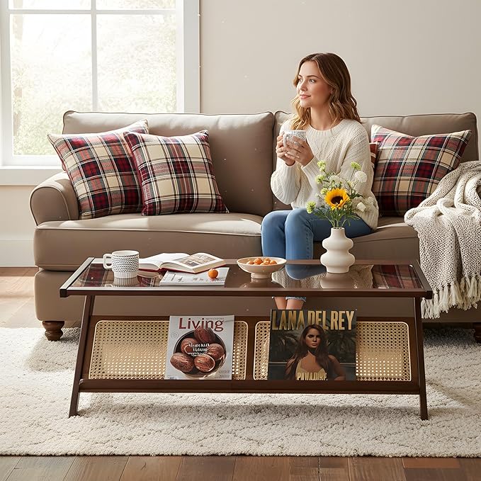Tiita Rattan Coffee Table, Bamboo Accent Bedside Tables, Glass Nightstand Side Table, Boho Wooden End Table with Storage for Living Room,Living Room, Dining Room, Tea, Home Décor