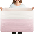 XXXL Large Blanket Basket, 108L Cotton Rope Storage Basket for Living Room, Supre Large Toy Baskets for Kids, Woven Basket for Clothes, Towels, Pillows, 25" x 16" x 16", Pink and White