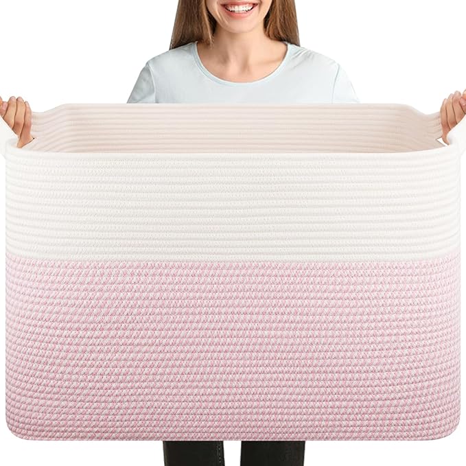 XXXL Large Blanket Basket, 108L Cotton Rope Storage Basket for Living Room, Supre Large Toy Baskets for Kids, Woven Basket for Clothes, Towels, Pillows, 25" x 16" x 16", Pink and White