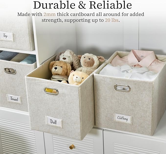 DECOMOMO Felt Storage Bins, 13 inch Cube Storage Bins with Labels for Organization (Cube 13" / 6pcs, Beige)