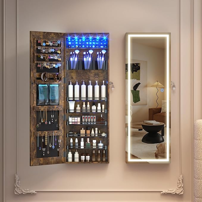 LVSOMT LED Mirror Jewelry Cabinet, Wall/Door Mount Jewelry Armoire Organizer with Lights, Full Length Mirror with Jewelry Storage, Over the Door Hanging Cabinet (Rustic Brown)