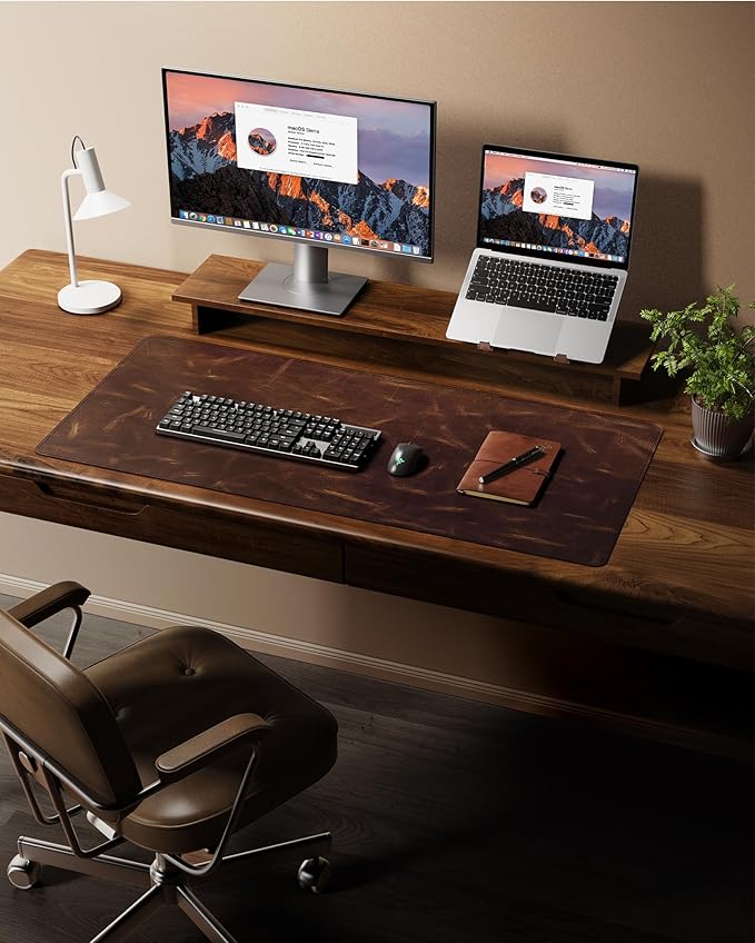 YSAGi Leather Desk Mat, 31.5"x15.8"Real Leather Desk Pad,3mm Thick Desk Blotter with Stiched line,Oil-Wax Feel Mouse pad and Self-Healing Laptop Pad for Home & Office(Classic Dark Brown)