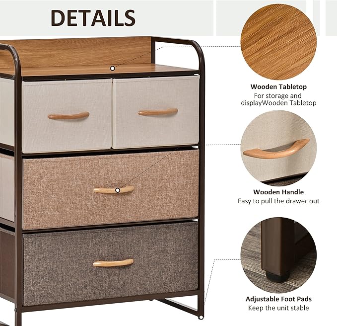 HOMCOM 4-Drawer Dresser, Fabric Chest of Drawers, 3-Tier Storage Tower with Steel Frame and Wooden Top for Bedroom, Nursery Room, Multicoloured