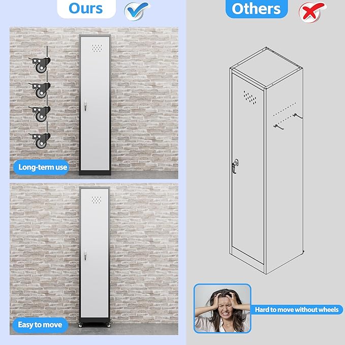 72''H Metal Broom Closet Storage Cabinet with Wheels & Pegboards, Mops Broom Closet Organizer with Locking Door & Hanging Rod,Cleaning Tool Garage Cabinet,Assembly Required,Black Gray