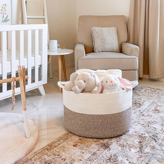 INDRESSME XXXLarge Cotton Rope Basket 21.7" x 21.7" x 13.8" Woven Baby Laundry Blanket Baskets Toy Burr Basket with Handle Storage Comforter Cushions for Christmas Thread Laundry Hamper