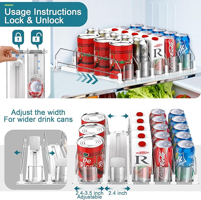 Upgraded Drink Organizer for Fridge, Space-Saving Fridge Drink Organizer, Automatic Pusher Glide and Adjustable Width Drink Dispenser for Fridge - Holds Up to 25 Cans (5 Rows White)
