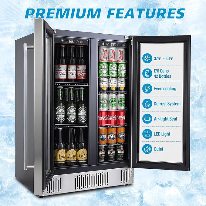 Wine and Beverage Refrigerator, Dual Zone Beverage Cooler Under Counter with Glass Door&LED Light, 42 Bottles and 176 Cans Large Capacity for Beer Soda Drink, Built-In or Freestanding Fridge
