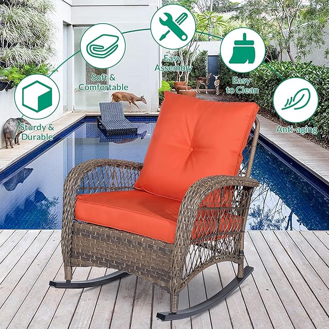 VIVIJASON Outdoor Wicker Rocking Chair, Patio Rattan Rocker Chair with Cushions & Steel Frame, All-Weather Rocking Lawn Wicker Furniture for Garden Backyard Porch (Orange)