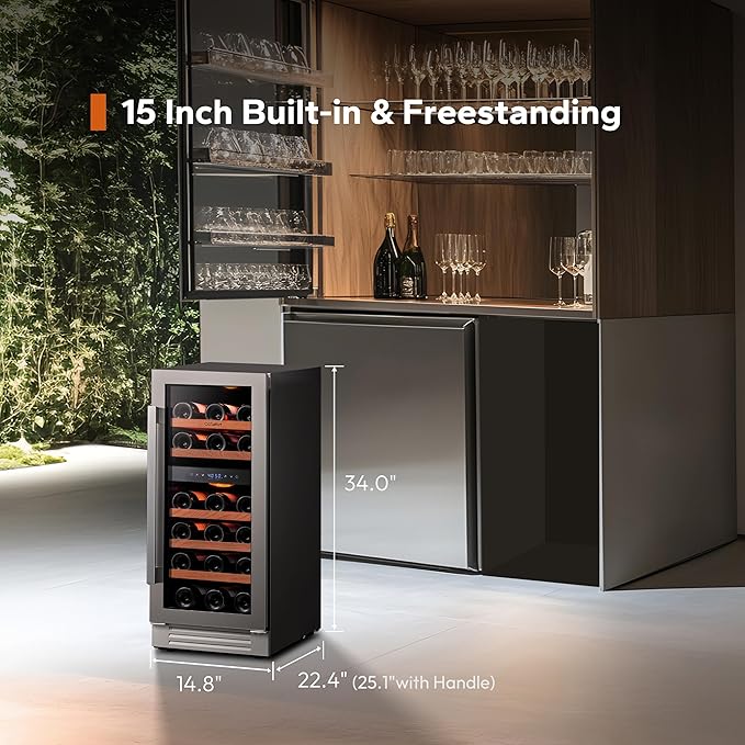 Ca'Lefort 15 Inch Wine Fridge, 28 Bottle Wine Cooler Refrigerator, 40-65°F Wine Refrigerator Glass Door, 3 LED Dual Zone Wine Fridge, Built-in or Freestanding Fridge for Home/Bar/Kitchen (3.0 cu.ft)