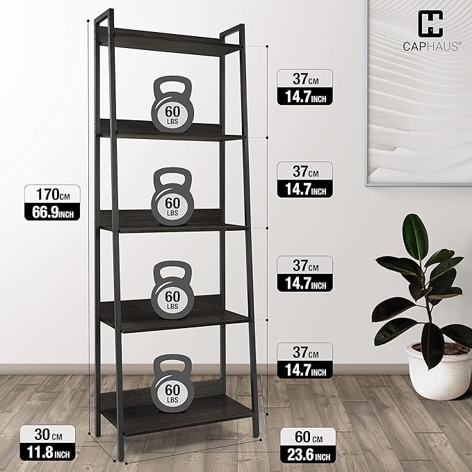 CAPHAUS 5 Tier Ladder Bookshelf, 24 Inch Width Free Standing Shelf, Bookcase Shelf Storage Rack Organizer, Industrial Book Shelves for Home Office, Living Room, Kitchen, Black Wooden Shelves