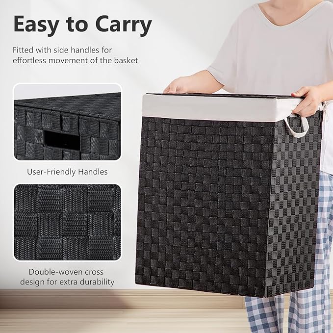 Foldable Laundry Hamper Basket with Lid by Fiona's magic, Handwoven 96L Large Clothes Hamper with Removable Liner Bags, Collapsible Tall Hamper for Bedroom, Bathroom and Dorm Organizer, Black