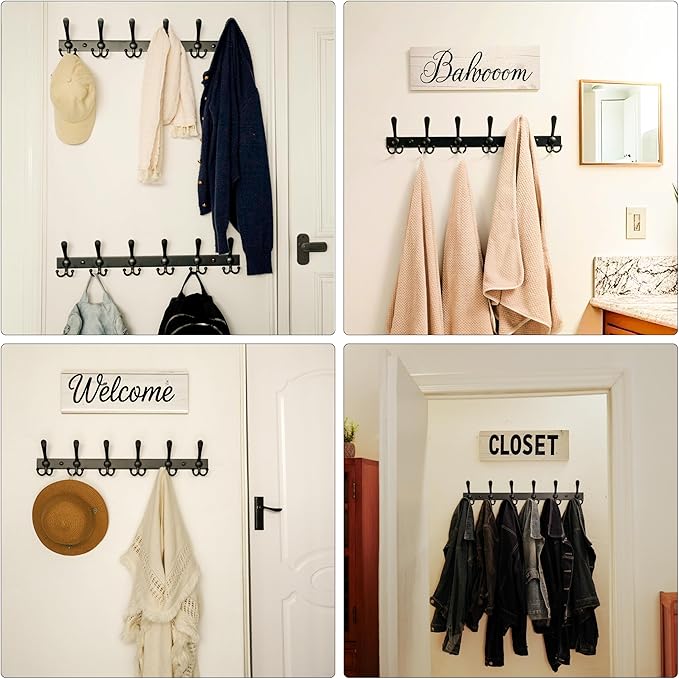 Dseap Coat Rack Wall Mount 2.0 Pro: 24” Long, 3X Tougher, Heavy Duty Stainless Steel Wall Coat Hanger with 6 Tri Hooks for Clothes Jackets Hats Entryway Closet, Black, Pack of 2