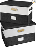 Large Linen Fabric Foldable Storage Bins with Removable Lid and Handles, Washable Storage Box Organizer Containers Baskets Cube with Cover for Bedroom,Closet,Office(Black&White, Large(2-Pack))