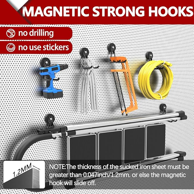 3-H Heavy Duty Magnet Garage Hooks 4 Pack, Extra Large Strong Magnetic Hooks for Hanging Cordless Power Drill, Utility Magnetic Tool Holder for Metal Cabinet, Steel Pegboard, Toolbox, Garage(Black)