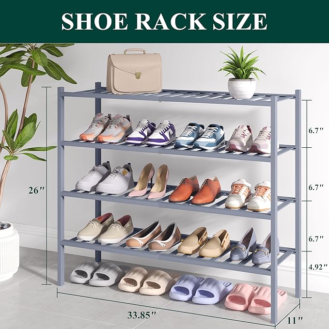 Smiry Bamboo Shoe Rack for Closet, 4 Tier Long Wooden Stackable Shoe Organizer, Free Standing Shoes Storage Shelf for Entryway, Front Door Entrance, Grey