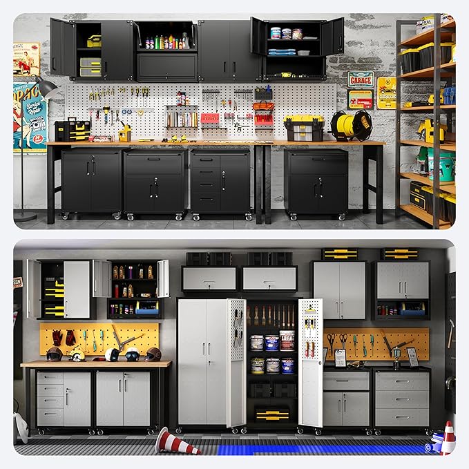 Metal Tool Cabinet,Garage Storage Cabinet System,Wall Cabinet & Locking Rolling Tool Cabinet with Doors and Adjustable Shelves,Steel Tool Cabinets for Home (5 Pcs-StyleA, Black & Grey)