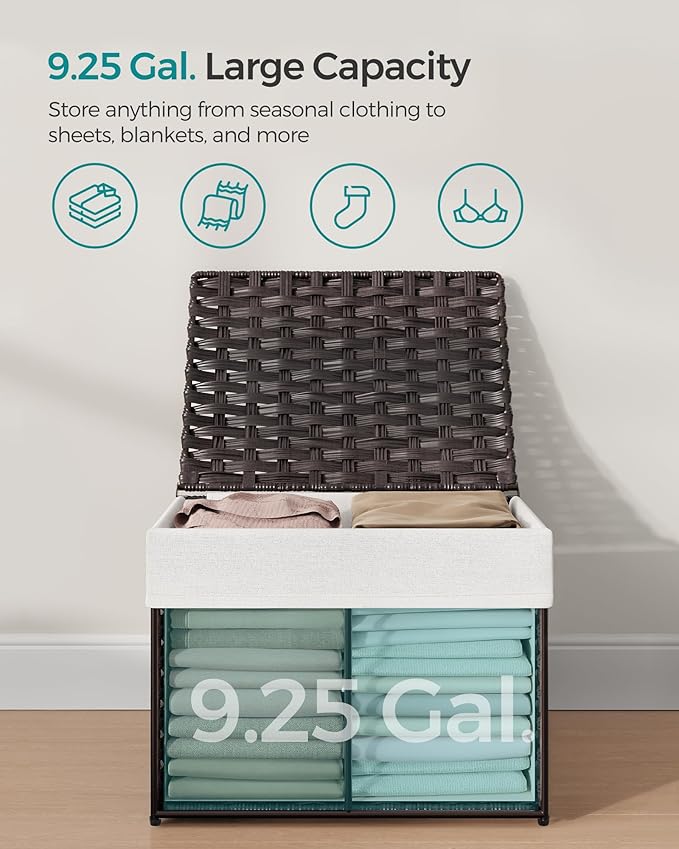SONGMICS Storage Basket with Lid, 9.2 Gallon (35L) Storage Bin, Woven Blanket Storage Basket with Handles, Foldable, Removable Liner, Metal Frame, for Bedroom, Laundry Room, Brown URST040K01