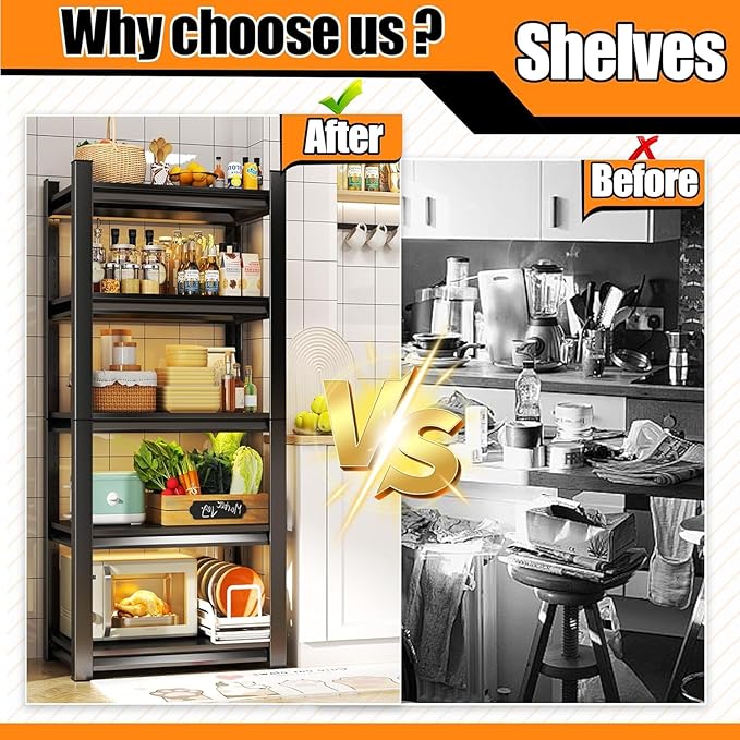 Garage Storage Shelves,5 Tier Shelving Unit, 40 inch Wide, 18” Deep, 78” Tall Organizer Metal Shelf for Basement/Laundry/Pantry Heavy Duty, Adjustable,Easy to Install (5Tier-47"Wx18"Dx78"H with Fence)