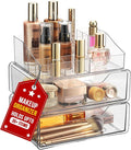 Clear Makeup Organizer - Acrylic Cosmetic Vanity Storage Organizers for Girls Dresser, Bathroom, Desk Counter - Plastic Make Up Holder, Jewelry Box (2-Drawer | Multi Compartments)