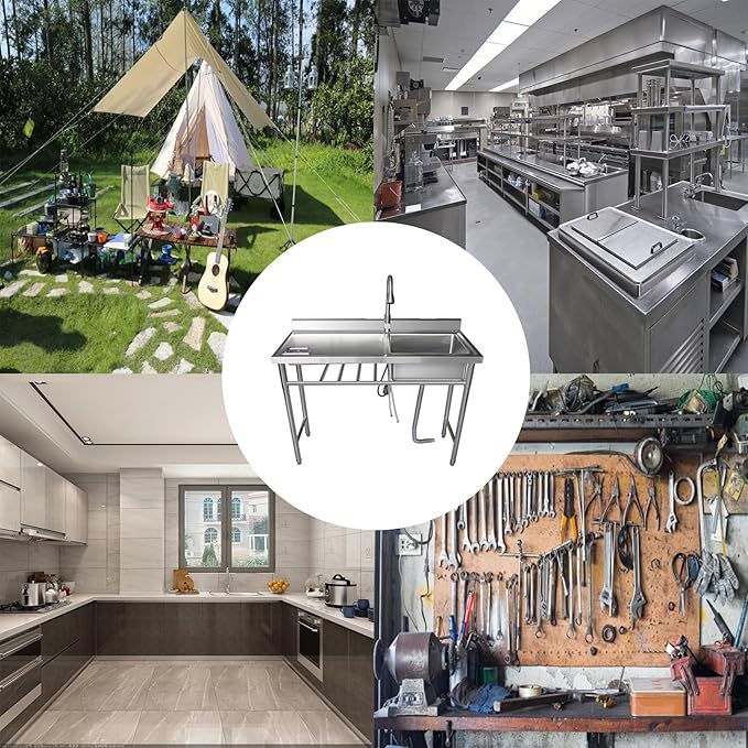 304 Stainless Steel Utility Sink with Faucet – Free Standing Single Bowl Left Kitchen Sink with Workbench & Small storage box, Hot/Cold Water Pipes for Laundry, Farmhouse & Outdoor Use 39“