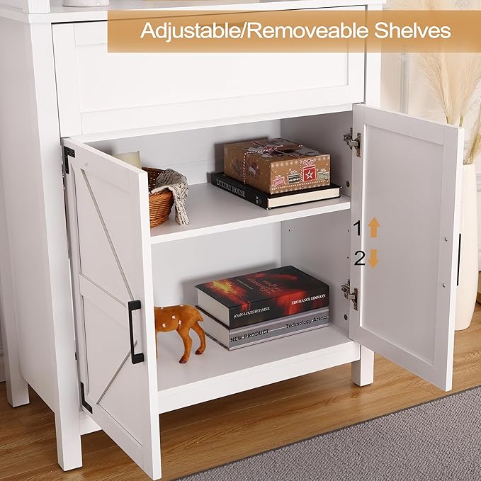 GarveeHome Bookshelf with Doors, 6-Tire Farmhouse Storage Cabinet Bookcase Floor Standing Bookshelves with w/ 1 Drawer and Adjustable Shelves for Homeoffice Living Room, Bedroom