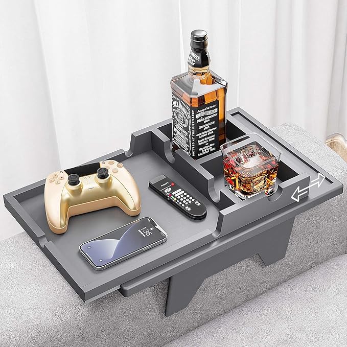 Couch Cup Holder Tray - 2 in 1 Couch Armrest Table with Be Slide-Away Detachable Double Holder - Sofa Armchair Caddy for Drinking Snacks iPad TV Remote (Gray)