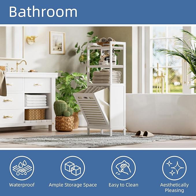 HITNET Bamboo Tilt Out Hamper, Bathroom Laundry Cabinet with Hidden Foldable Basket, Freestanding Clothes Storage Organizer with Storage Shelf, White