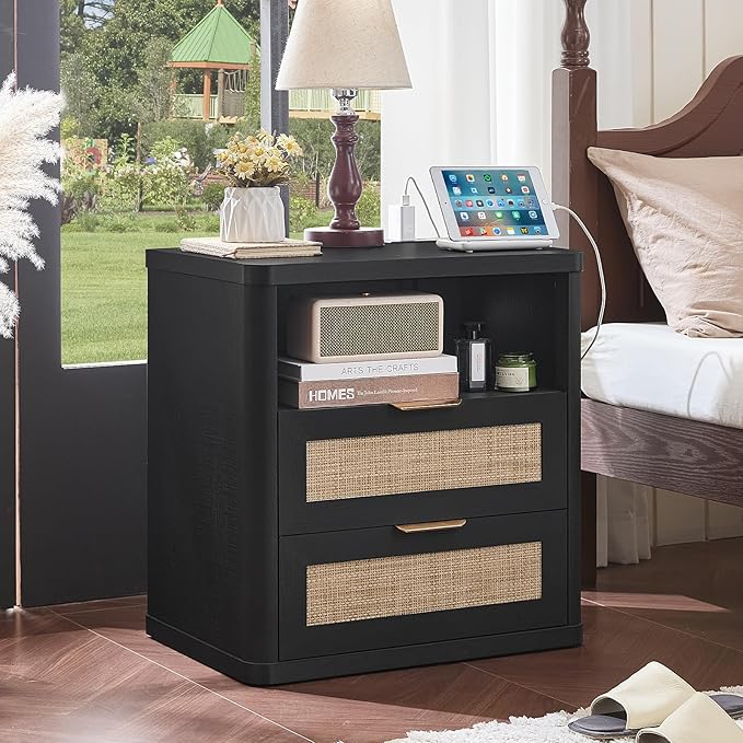 LEYAOYAO Rattan Nightstands Set of 2 with Charger Station, 23" Wide Boho Night Stand with 2 Drawers, Black Bedside Table Open Shlef, Bed Side End Table Dresser for Bedroom, Living Room Hallway