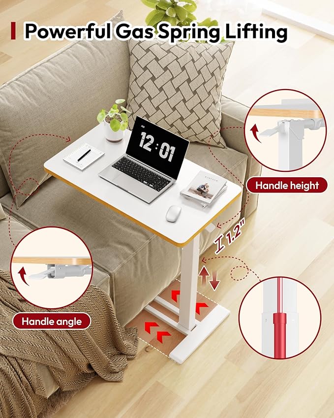 SANODESK Medical Adjustable Overbed Bedside Table with Casters 90° Tilt Top Pneumatic Mobile Rolling Laptop Computer Standing Desk Cart with Tray, Hospital and Home Use(27.6" W x 15.7" D, White)