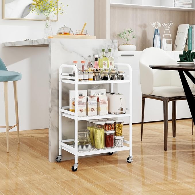 HDANI 3 Tier Rolling Cart,Heavy Duty Multifunctional Metal Frame-Supports 22 Lbs Per Tier,Rolling Cart with 2 Lockable Wheels for Office,Home,Bedroom,Kitchen,Bathroom (White)…