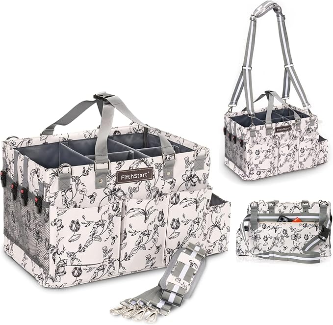 FifthStart Cleaning Caddy Organizer with Handle & Waist/Shoulder Straps - 9 Compartments & Mesh Base - Portable Cleaning Supply Caddy with Waste Bag Dispenser (Beige Floar, Large)