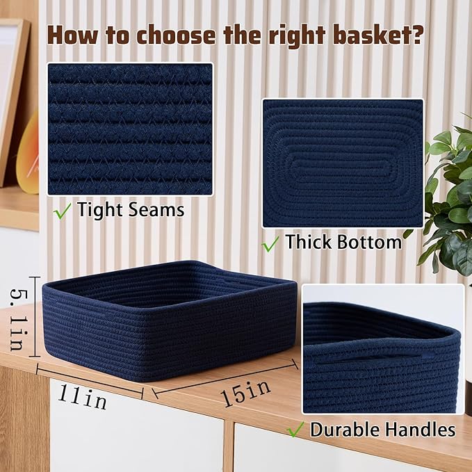 Large Shallow Organizing Baskets 15x11x5.1 Inches - Rope Woven Storage Bins for Bathroom, Shelves, Cube Closet, Navy Blue 3 Packs