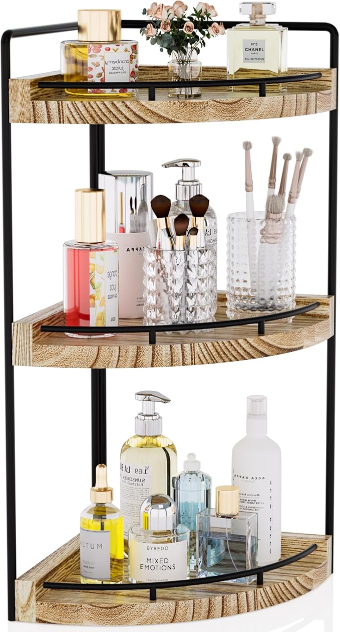Corner Bathroom Counter Organizer, 3 Tier Bathroom Storage Countertop for Skincare, Sink Shelf for Kitchen Decor, Vanity, Dresser, Makeup, Gift(Rustic Brown)