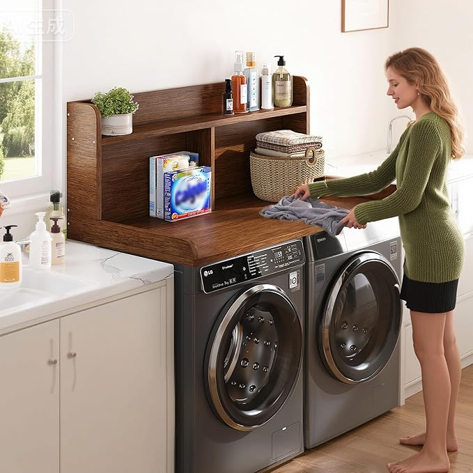 2-Tier Washer Dryer Countertop, 18.5" Raised Height Laundry Countertop with Edge Rails and Non-Slip Pad, 54"W x 27.55"D Washer and Dryer Topper for Laundry Room Storage Organization (Brown)