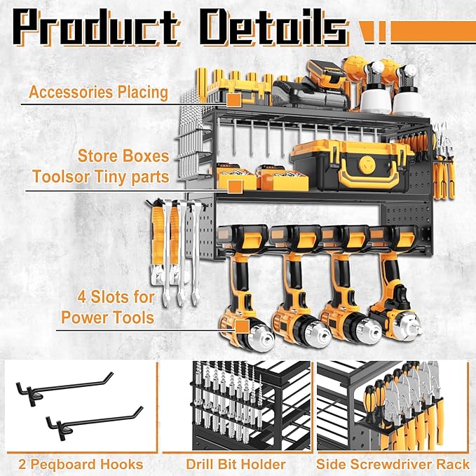 Power Tool Organizer Wall Mount, 150Lbs Load 3 Layer Heavy Duty Metal Tool Shelf with 4 Drill Holders, Garage Workshop Storage for Cordless Tools Batteries Screwdrivers(Black A)