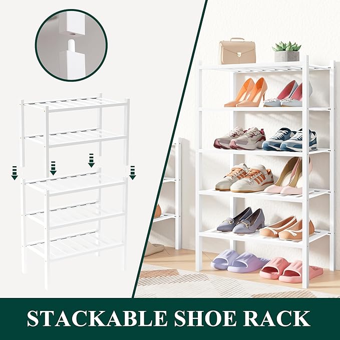 Smiry Bamboo Shoe Rack for Closet, 6 Tier Small Wooden Stackable Shoe Organizer, Free Standing Shoes Storage Shelf for Entryway, Front Door Entrance, White