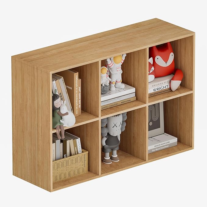 Book Shelf, Wooden Cube Storage Organizer with 11" Open Cubes, Stackable Modular Bookcase for Room Divider Storage, 2 Tier Bookshelf for Living Room, Bedroom, Office (Oak, 6-Cube)