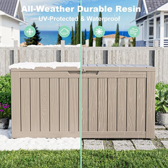 90 Gallon Deck Box,Resin Outdoor Storage Box with Lockable for Patio Furniture, Pool Accessories, Garden Tools Waterproof Outside Storage Box, Grey