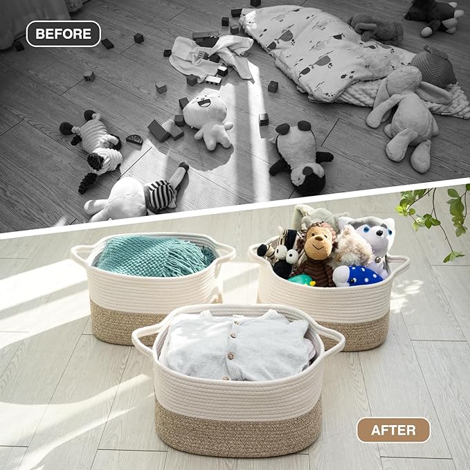 DUHEL Cotton Rope Woven Storage Basket, Used for Baby Hamper Toy Organizer, Gift Baskets Empty,Kids Laundry Basket,Baby Blanket Basket. Size 15x10x8.7 Inches. (White&Brown-3PCS)