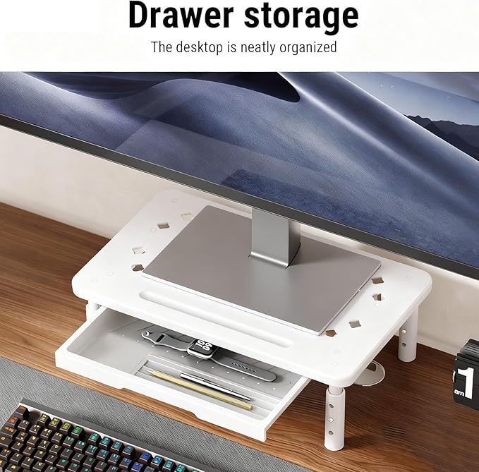 Bewinner Computer Monitor Stand Riser, Desk Organizers and Accessories with Drawer, Office Desk Accessories Metal Printer Laptop Stand20KG Bearing (White)