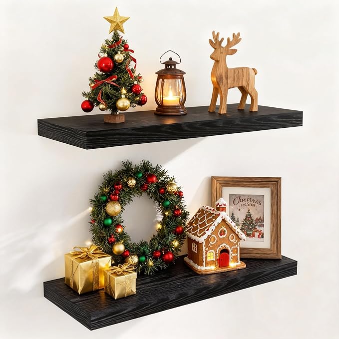 Black Floating Shelves 24 Inch Long 2 Pack for Bedroom|Kitchen|Bathroom, Wall Mounted Rustic Wood Wall Shelves, 9.3 Inch deep Floating Shelf with Invisible Brackets for Books|Storage|Decor