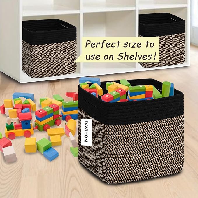 Cube Storage Bins 11 Inch Cotton Rope Woven Storage Basket for Organizing 3 Pack | Storage Cubes for Organization and Storage | Square Cube Organizer | Closet Toy Bin（Black Jute）