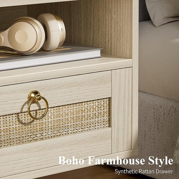 Floating Nightstand with Drawer for Wall Mounted Hanging Rattan Night Stand Bed Side Tables Wooden End Table Small Boho Dressers Farmhouse Shelves for Bedroom