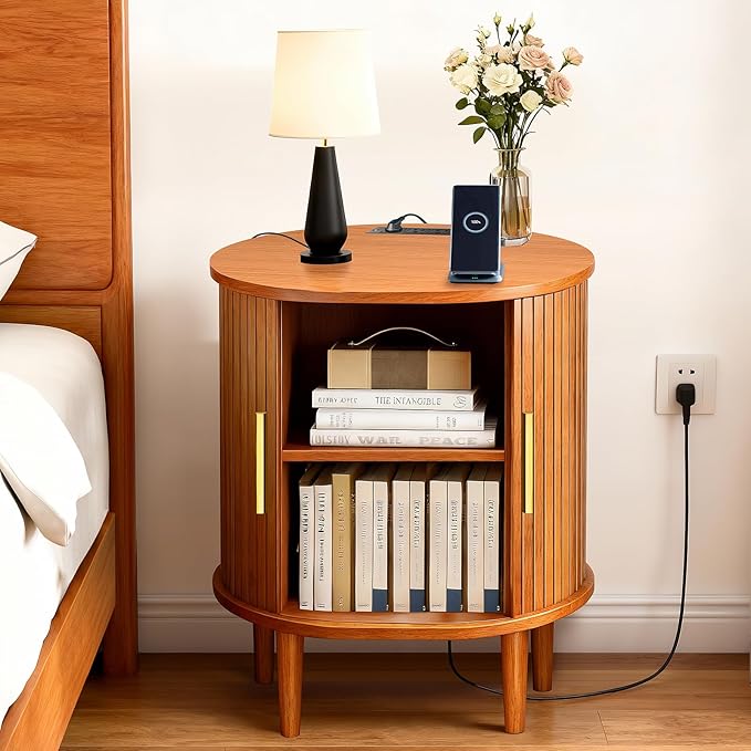Nightstand with Charging Station, Fluted Accent Side Table with Sliding Door & Adjustable Shelf, Mid-Century Modern End Table for Small Space, Living Room, Bedroom (1, Yellow Walnut)