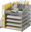 Lavatino 5-Tier Metal Mesh Desk Organizer with File Holder & 7 Customizable Compartments | Paper Letter Tray for Office or Home Desk Storage | Keep Workspace Supplies Neat & Organized, Silver