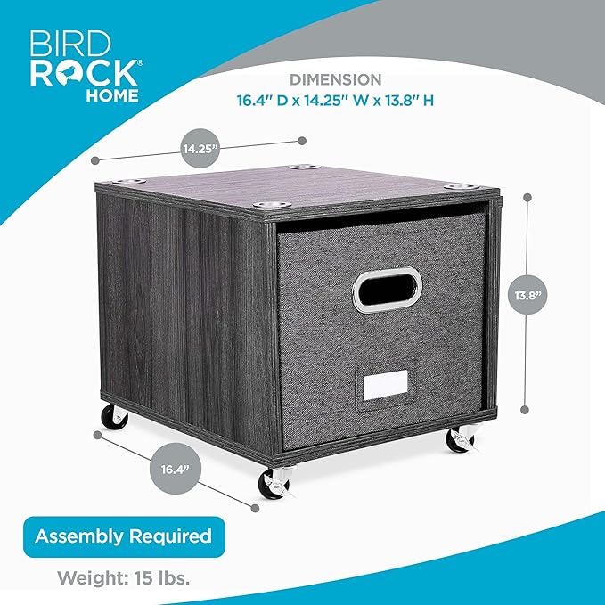 BIRDROCK HOME Rolling File Cabinet – Decorative Storage Shelf w/Removable Bins, Handles, and Wheels – Organize Files, Books, Toys, Under Desk Office Solution, Modern Design - 2 Lateral Drawers, Gray