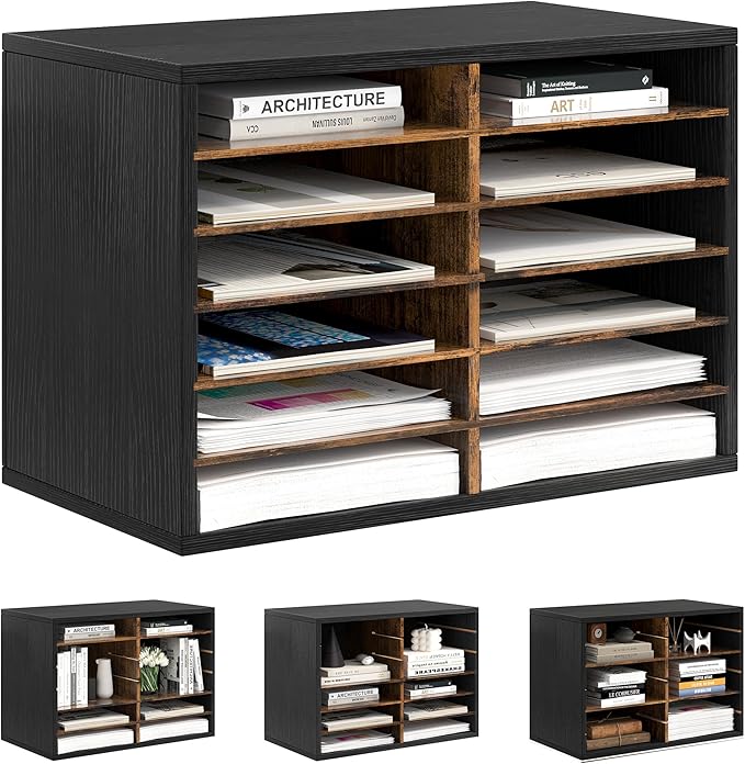 Literature Organizer 12 Slots Wooden Mailboxes for Classroom Office Mail Organizer Countertop Vertical File Sorter with Adjustable Shelves Heavy Duty Office Mailbox Cubbies, Black/Rustic Brown